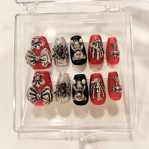 bloody red/silver press on nails with bear for halloween |party nails|with glue